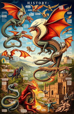 A visually stunning and intricate illustration depicting the biology and history of dragons, highlighting various dragon species in their natural habitats
