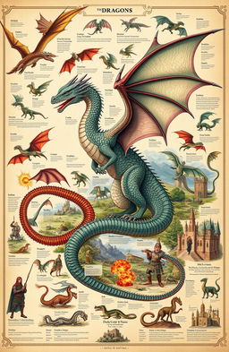 A visually stunning and intricate illustration depicting the biology and history of dragons, highlighting various dragon species in their natural habitats