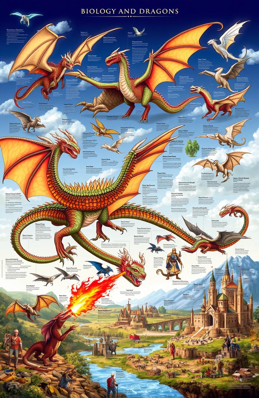 A visually stunning and intricate illustration depicting the biology and history of dragons, highlighting various dragon species in their natural habitats