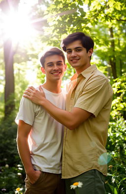 A romantic scene depicting two young men in love, standing close together in a serene forest setting