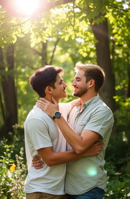 A romantic scene depicting two young men in love, standing close together in a serene forest setting