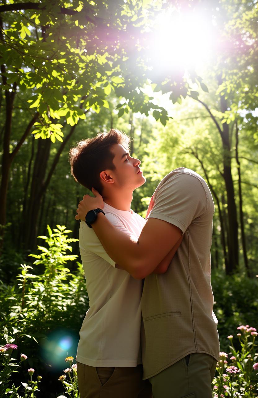 A romantic scene depicting two young men in love, standing close together in a serene forest setting