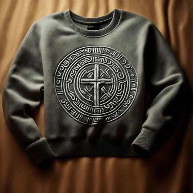 A 32k editorial photo of a richly hued cashmere sweatshirt featuring an intricate Christian design, taken with a 200mm lens.