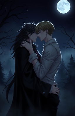 A dark love story scene between two male figures under the moonlight