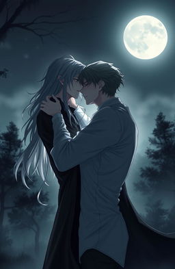 A dark love story scene between two male figures under the moonlight