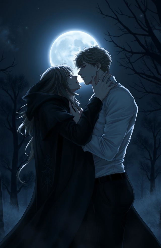 A dark love story scene between two male figures under the moonlight