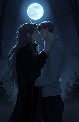 A dark love story scene between two male figures under the moonlight