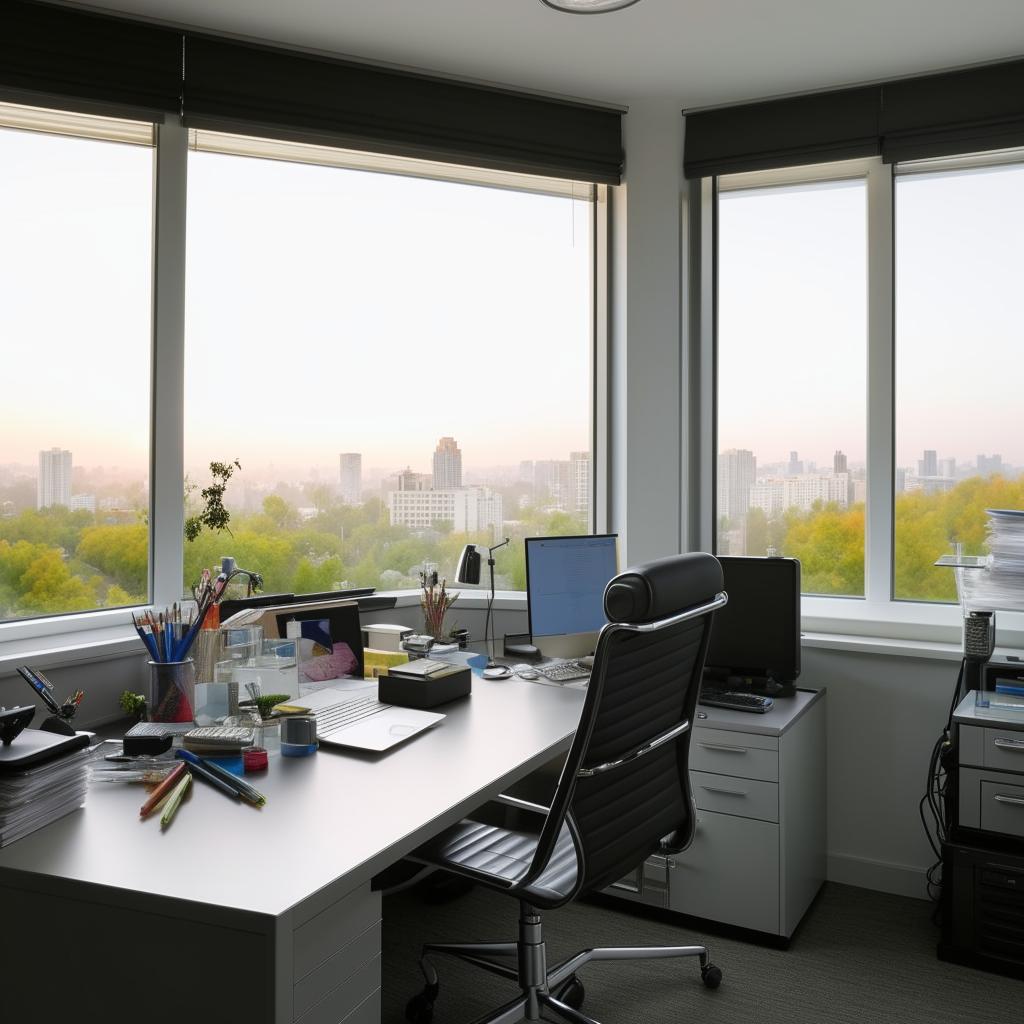 A modern, clean, and well-organized workplace with a spacious desk, ergonomic chair, laptop, desk lamp, and various office supplies. There's natural light seeping from the window overlooking the city.