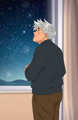 A beautiful boy with striking silver hair stands next to a window, gazing up at the stars twinkling in the night sky