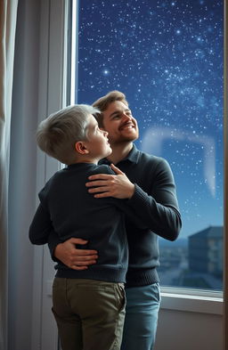 A beautiful boy with striking silver hair stands next to a window, gazing up at the stars twinkling in the night sky