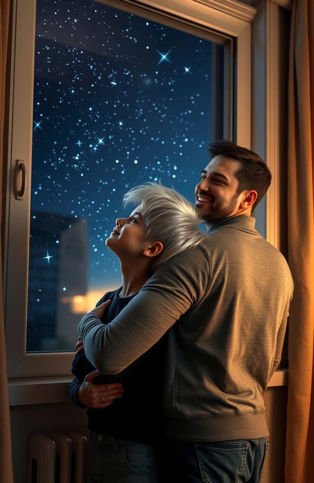 A beautiful boy with striking silver hair stands next to a window, gazing up at the stars twinkling in the night sky