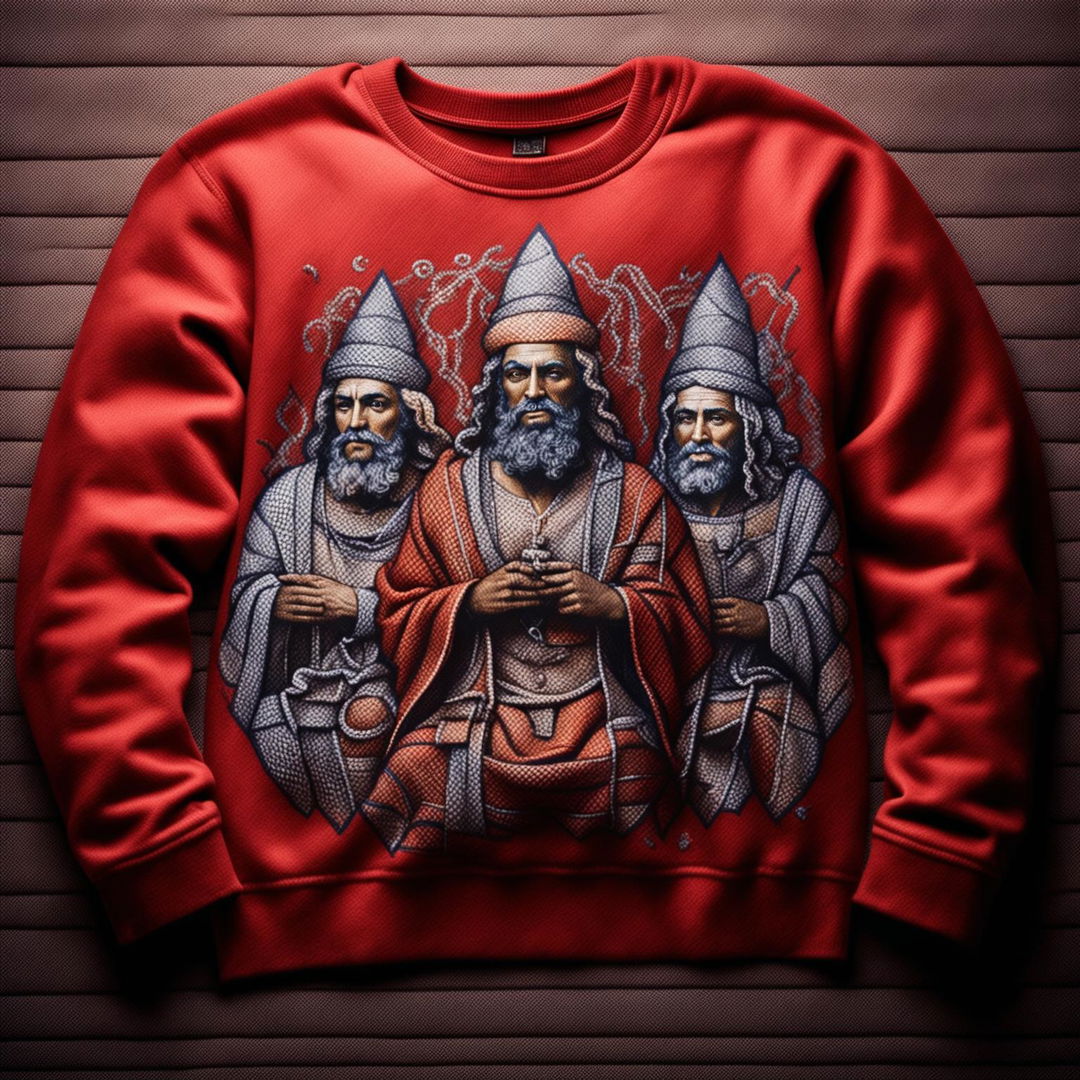 A 32k editorial photo of a cashmere sweatshirt featuring a Christian design of the three wise men, taken with a 200mm lens.