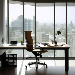 A modern, clean, and well-organized workplace with a spacious desk, ergonomic chair, laptop, desk lamp, and various office supplies. There's natural light seeping from the window overlooking the city.