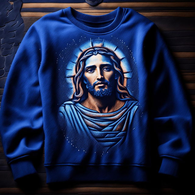 A 32k editorial photo of a blue cashmere sweatshirt featuring an intricate Christian Jesus design, taken with a 200mm lens.