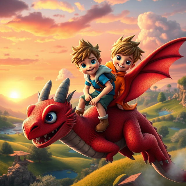 A colorful and enchanting fantasy scene featuring Finn, a brave young boy with spiky hair and bright blue eyes, riding on the back of a friendly dragon with vibrant scales