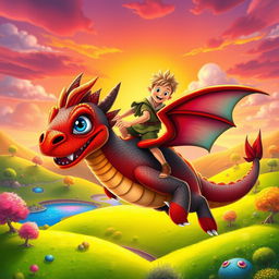 A colorful and enchanting fantasy scene featuring Finn, a brave young boy with spiky hair and bright blue eyes, riding on the back of a friendly dragon with vibrant scales