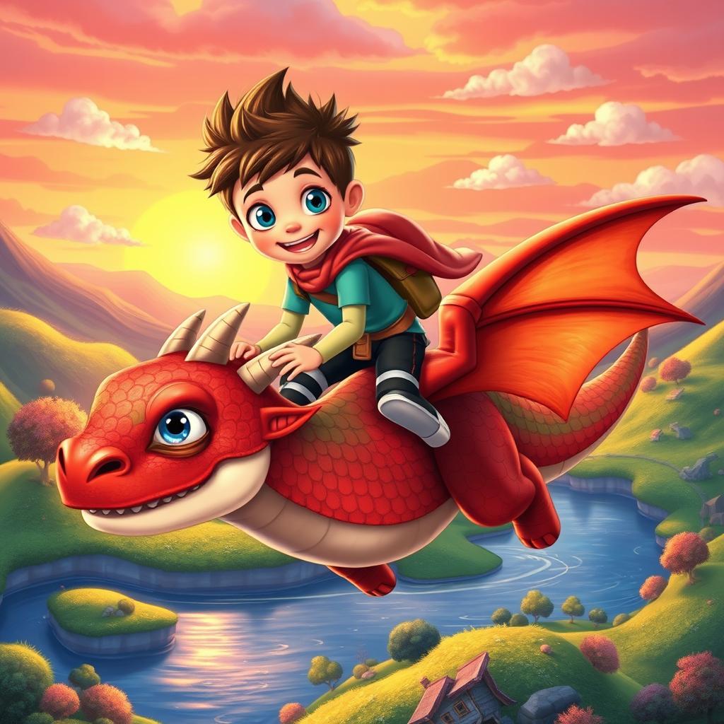 A colorful and enchanting fantasy scene featuring Finn, a brave young boy with spiky hair and bright blue eyes, riding on the back of a friendly dragon with vibrant scales