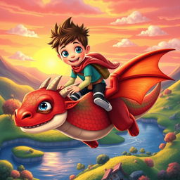 A colorful and enchanting fantasy scene featuring Finn, a brave young boy with spiky hair and bright blue eyes, riding on the back of a friendly dragon with vibrant scales