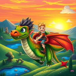 A colorful and enchanting fantasy scene featuring Finn, a brave young boy with spiky hair and bright blue eyes, riding on the back of a friendly dragon with vibrant scales