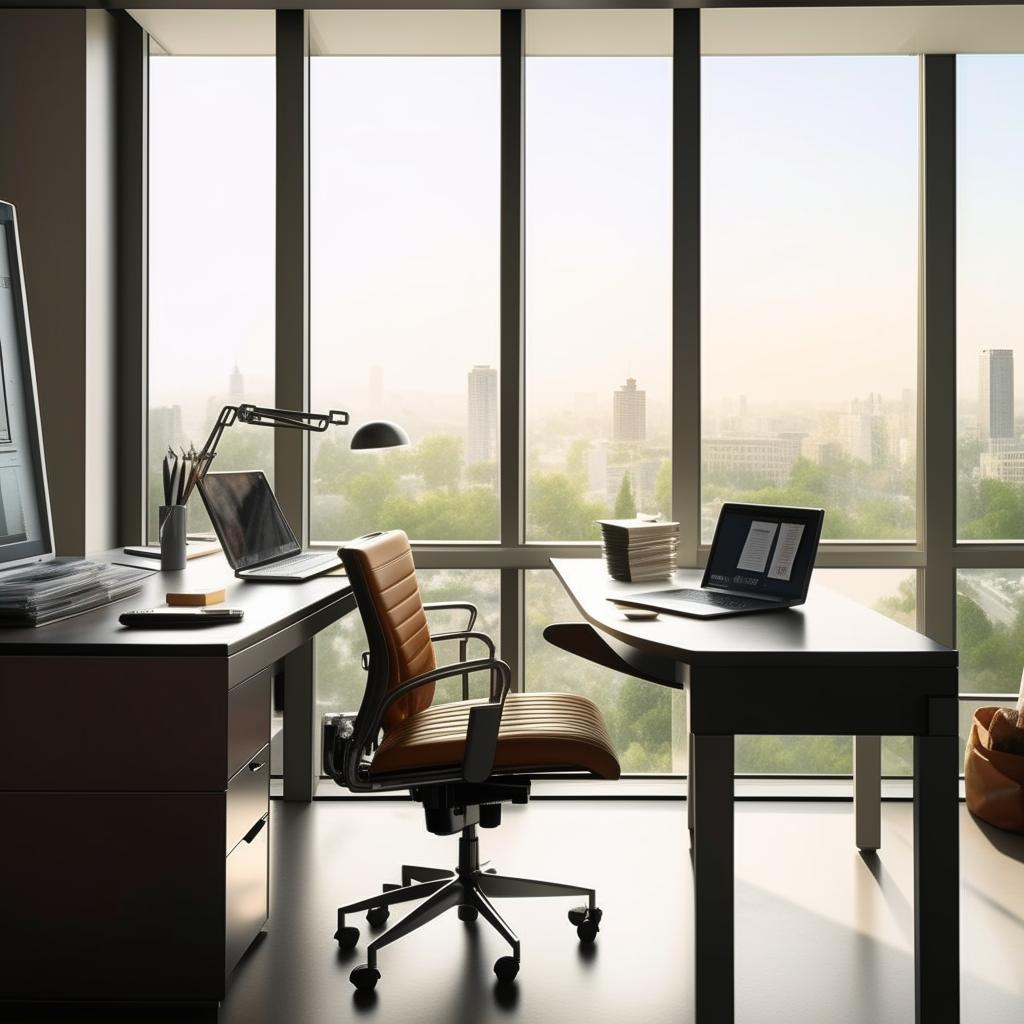 A modern, clean, and well-organized workplace with a spacious desk, ergonomic chair, laptop, desk lamp, and various office supplies. There's natural light seeping from the window overlooking the city.