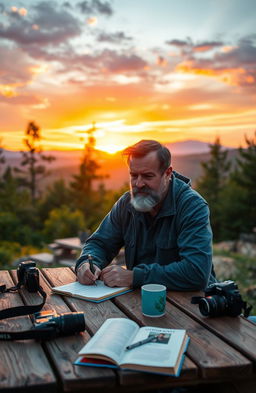 A serene and inspiring scene depicting Kavin Darunt, an accomplished writer, surrounded by vibrant landscapes that reflect his passion for hiking and photography