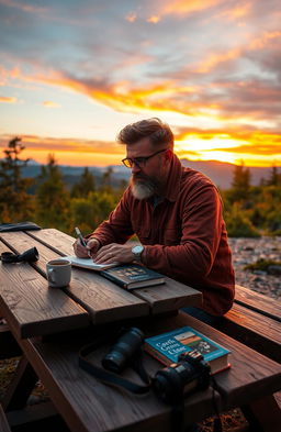 A serene and inspiring scene depicting Kavin Darunt, an accomplished writer, surrounded by vibrant landscapes that reflect his passion for hiking and photography