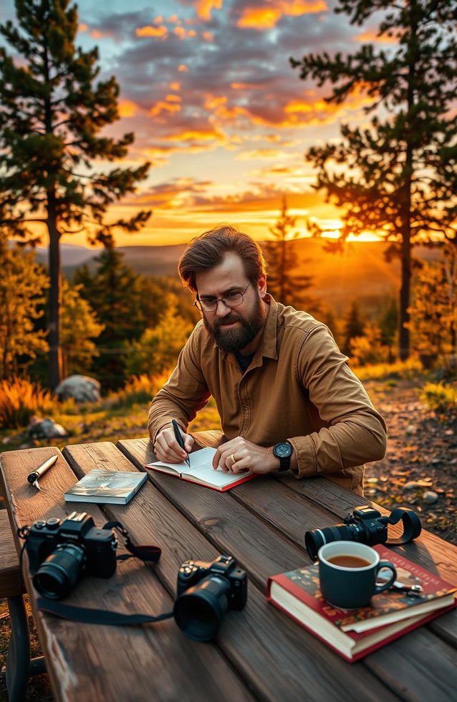 A serene and inspiring scene depicting Kavin Darunt, an accomplished writer, surrounded by vibrant landscapes that reflect his passion for hiking and photography