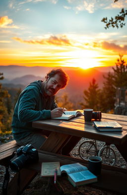 A serene and inspiring scene depicting Kavin Darunt, an accomplished writer, surrounded by vibrant landscapes that reflect his passion for hiking and photography