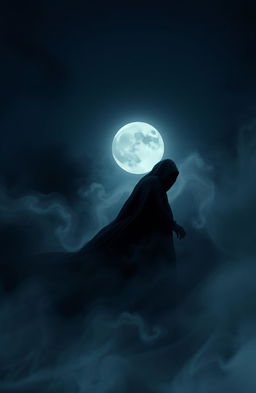 A mysterious and ethereal scene featuring a shadowy figure emerging from a swirling mist