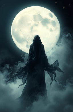 A mysterious and ethereal scene featuring a shadowy figure emerging from a swirling mist