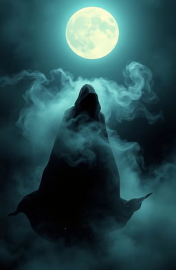 A mysterious and ethereal scene featuring a shadowy figure emerging from a swirling mist