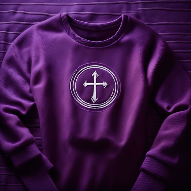 A 32k editorial photo of a purple cashmere sweatshirt featuring a Christian chest logo design, taken with a 200mm lens.