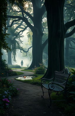 A mysterious park filled with towering ancient trees and lush greenery