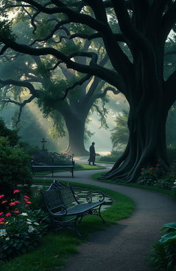A mysterious park filled with towering ancient trees and lush greenery
