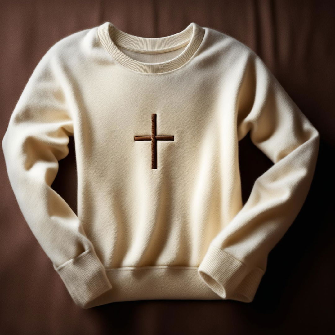 A 32k editorial photo of a cream cashmere sweatshirt featuring a minimal Christian chest logo design, taken with a 200mm lens