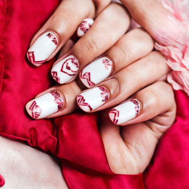 Close-up photograph of short, almond-shaped nails with a glossy white base and delicate pink heart designs