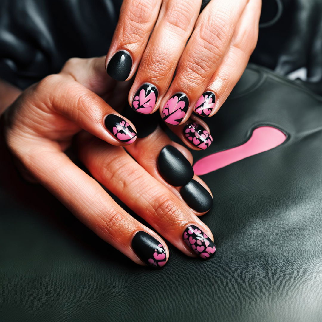 Close-up photograph of short, round-shaped nails with a matte black base and vibrant pink heart designs