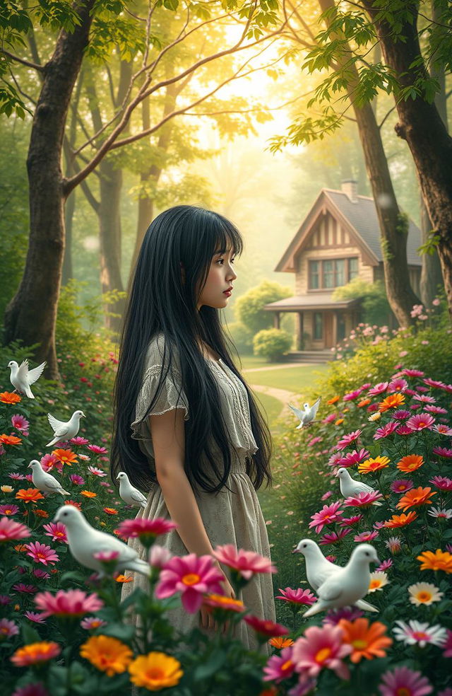 A picturesque scene featuring a teenage girl with long black hair, standing gracefully in a lush green forest