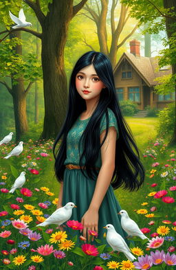 A picturesque scene featuring a teenage girl with long black hair, standing gracefully in a lush green forest