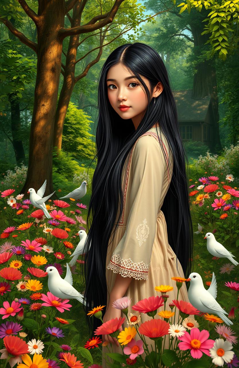 A picturesque scene featuring a teenage girl with long black hair, standing gracefully in a lush green forest