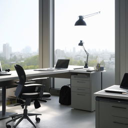 A modern, clean, and well-organized workplace with a spacious desk, ergonomic chair, laptop, desk lamp, and various office supplies. There's natural light seeping from the window overlooking the city.