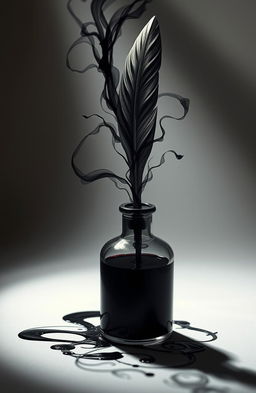 A beautiful quill and an elegant ink bottle, with dark ink flowing out in graceful streams and morphing into shadowy figures and wisps, artistically representing the profound connection between creativity and the essence of darkness