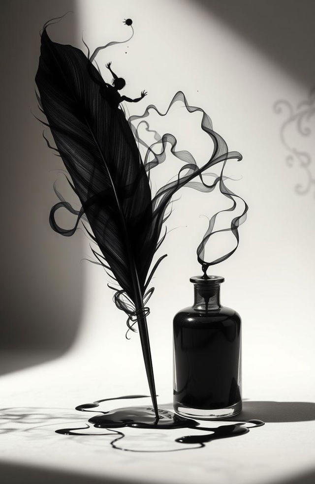 A beautiful quill and an elegant ink bottle, with dark ink flowing out in graceful streams and morphing into shadowy figures and wisps, artistically representing the profound connection between creativity and the essence of darkness