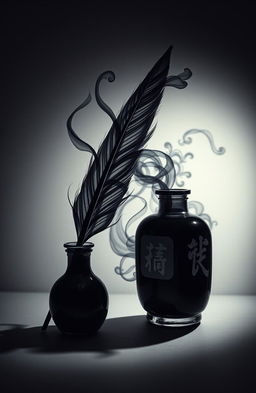 A beautiful quill and an elegant ink bottle, with dark ink flowing out in graceful streams and morphing into shadowy figures and wisps, artistically representing the profound connection between creativity and the essence of darkness