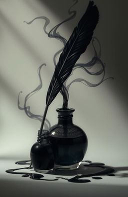 A beautiful quill and an elegant ink bottle, with dark ink flowing out in graceful streams and morphing into shadowy figures and wisps, artistically representing the profound connection between creativity and the essence of darkness