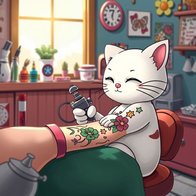 A whimsical depiction of a cartoon cat resembling Hello Kitty, sitting at a tattoo parlor