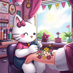 A whimsical depiction of a cartoon cat resembling Hello Kitty, sitting at a tattoo parlor