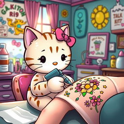 A whimsical depiction of a cartoon cat resembling Hello Kitty, sitting at a tattoo parlor