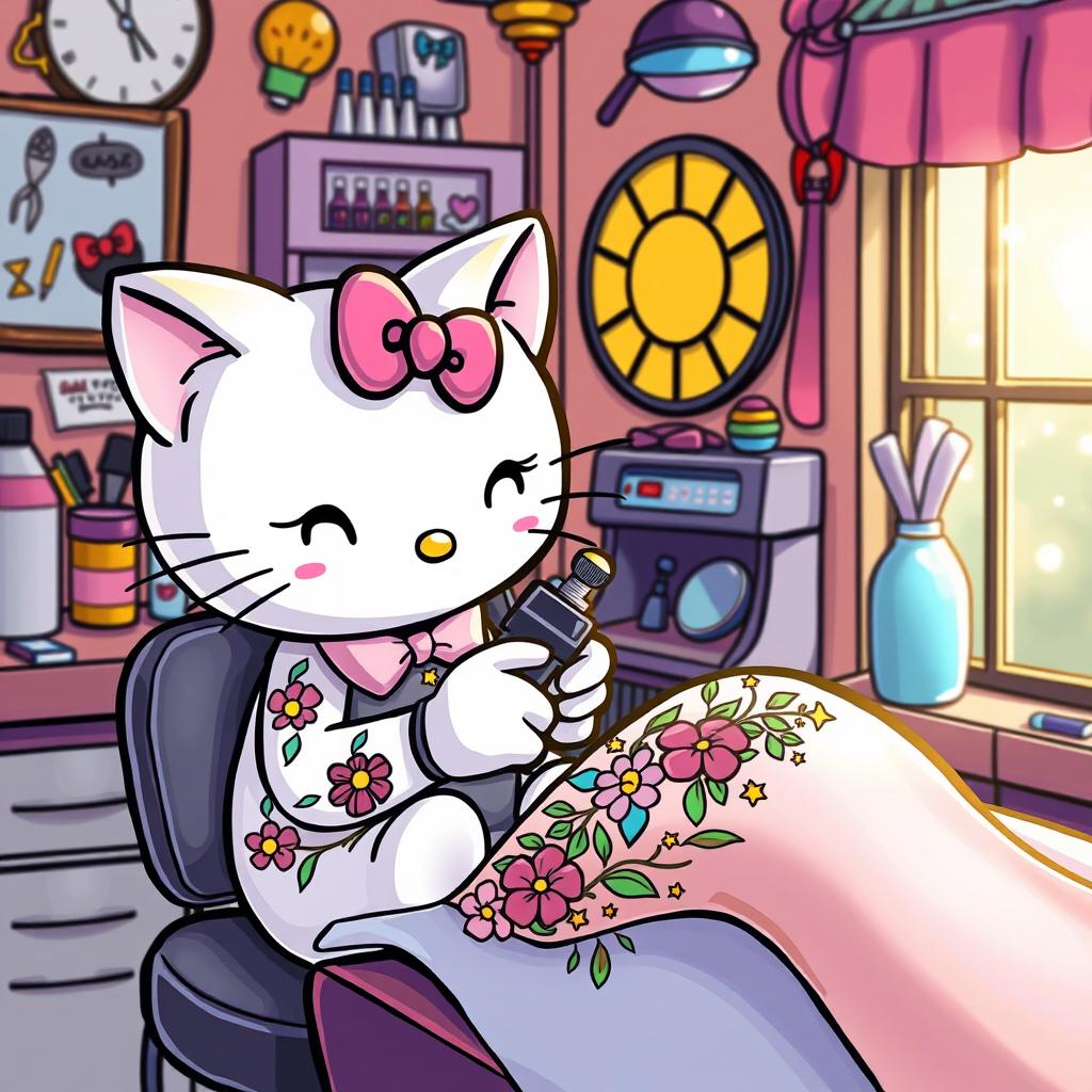 A whimsical depiction of a cartoon cat resembling Hello Kitty, sitting at a tattoo parlor