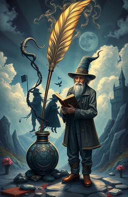 A mystical quill and an ornate ink bottle, with ink flowing out and morphing into shadowy figures and ethereal wisps, symbolizing the connection between creativity and darkness
